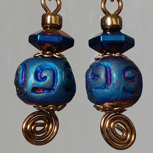 Blue Purple Raku Clay Bronze Spiral Bead Earrings